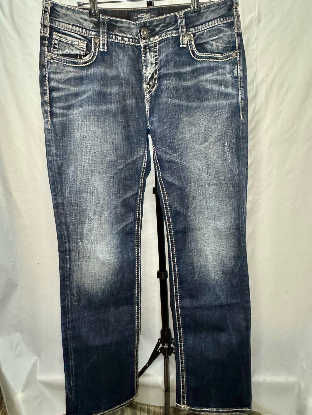 Silver Jeans Straight Leg Dark Indigo Jeans with White Stitching